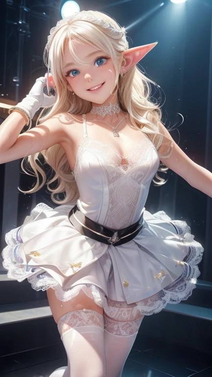 (Browsing Caution), (masterpiece, Highest quality), (((Idol Costumes: 1.3, mini skirt))), (Glamorous stage), (((Very cute 8 year old girl: 1.3))), ((Dynamic dance pose)), (((Long pointed ears))), alone, Perfect body, (Anatomically correct, Toned and slim body, Slightly larger breasts), Highly detailed eyes, (A perfectly symmetrical and beautiful face), Beautiful green eyes, double eyelid, Thin eyebrows, Natural Cheeks, (Sweaty, Wet, Glowing White Skin), ((Elegant long wavy platinum blonde hair), (Dazzling Smile), necklace, bracelet, Lace choker, lace overknee socks, Lace white gloves,