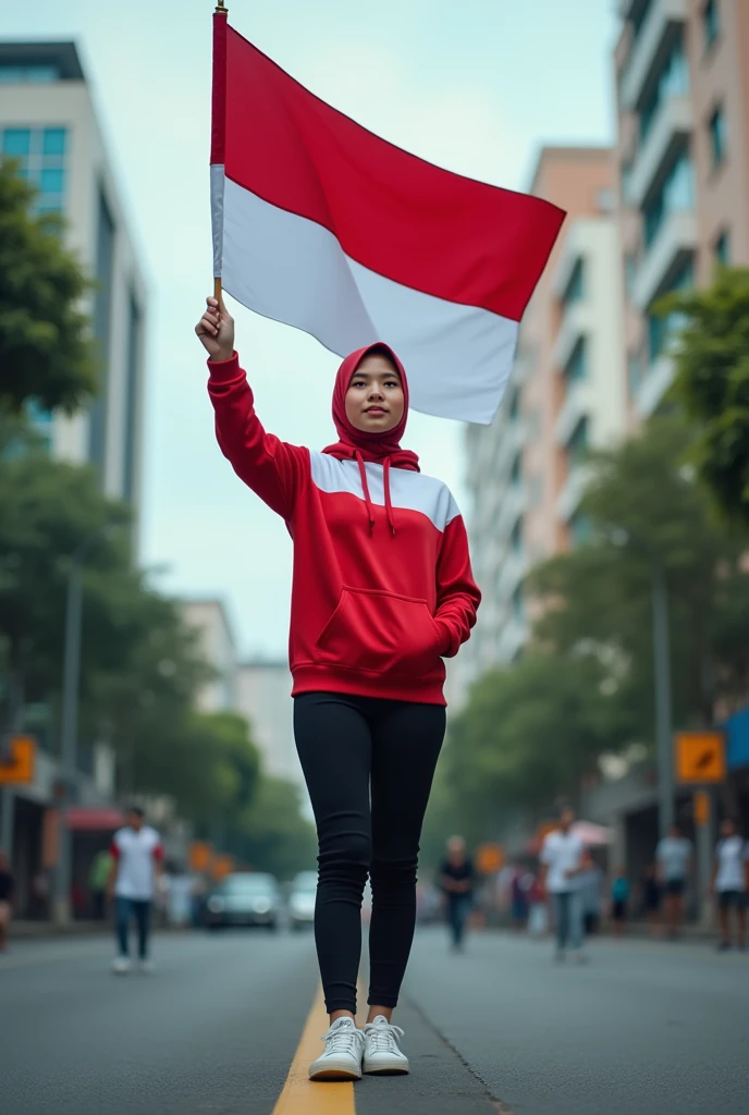 very high quality photo, independence scene, a woman wearing a hijab from Indonesia, wearing a red and white hoodie and sneakers, carrying a flag posing on the side of a city street, full body, realistic and cool visual effects, looks real and perfect, UHD 64K, very sweet