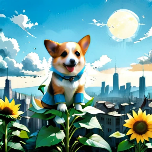 (masterpiece:1.4), (best quality:1.4), (high resolution:1.4), (masterpiece, best quality, high resolution:1.4), dark fantasy, Science fiction, Frank Miller comic style, After the end of the world，A destroyed city without humans,top view，1 sunflower  cute corgidog