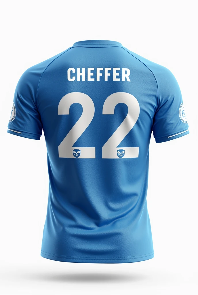 a football team shirt, white background, blue and white color, stamping the name Cheffer, with number 22, inside the nine a small minimalist owl symbol