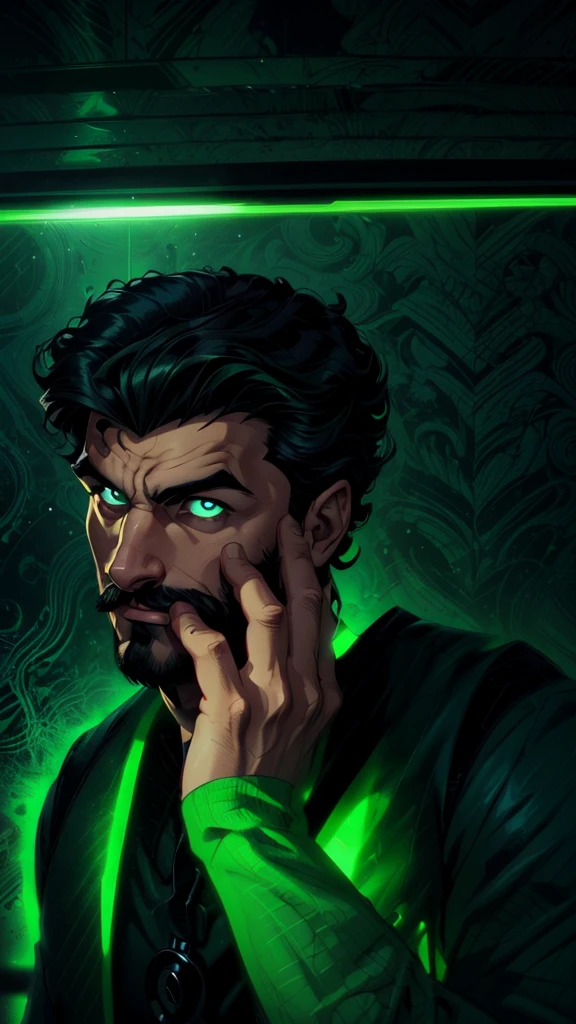 "A 19 year old young man, with curly hair, wears a green shirt that contrasts with his intense and enigmatic gaze. He sports a thin mustache and a small beard on his chin., that add an air of mystery to your look. Ao fundo, a neon green light emanates a dark atmosphere, highlighting your face dramatically. The artistic style of the image is similar to a comic book villain, with deep shadows and striking features that highlight his imposing appearance. Your eyes convey confidence and cunning, and his smile is slightly curved, suggesting Machiavellian intentions. The aura around you is intimidating, as if he was plotting something grand and dangerous."
