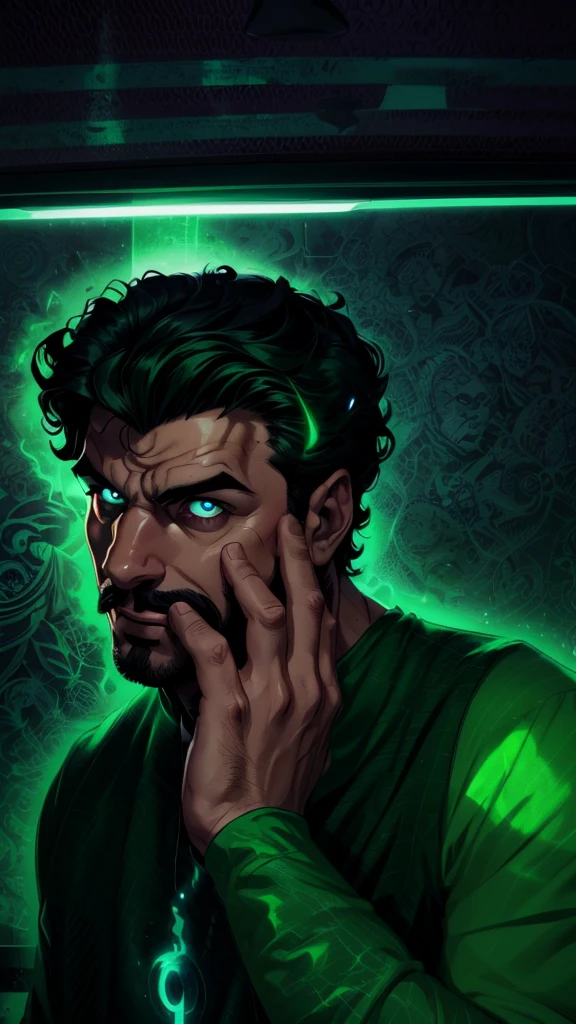 "A 19 year old young man, with curly hair, wears a green shirt that contrasts with his intense and enigmatic gaze. He sports a thin mustache and a small beard on his chin., that add an air of mystery to your look. Ao fundo, a neon green light emanates a dark atmosphere, highlighting your face dramatically. The artistic style of the image is similar to a comic book villain, with deep shadows and striking features that highlight his imposing appearance. Your eyes convey confidence and cunning, and his smile is slightly curved, suggesting Machiavellian intentions. The aura around you is intimidating, as if he was plotting something grand and dangerous."
