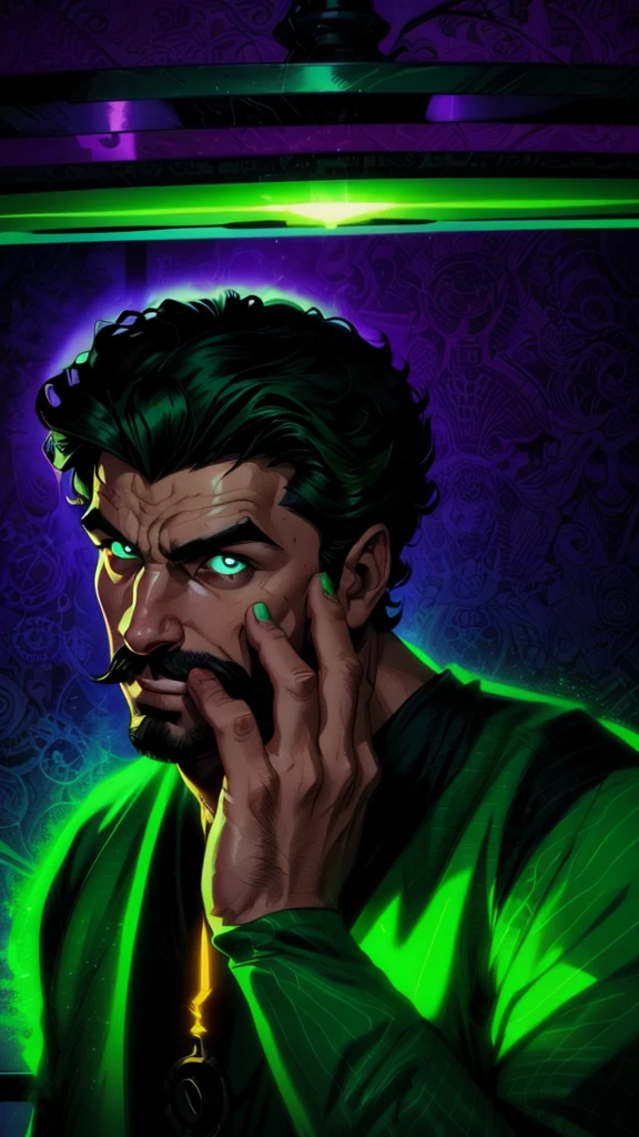 "A 19 year old young man, with curly hair, wears a green shirt that contrasts with his intense and enigmatic gaze. He sports a thin mustache and a small beard on his chin., that add an air of mystery to your look. Ao fundo, a neon green light emanates a dark atmosphere, highlighting your face dramatically. The artistic style of the image is similar to a comic book villain, with deep shadows and striking features that highlight his imposing appearance. Your eyes convey confidence and cunning, and his smile is slightly curved, suggesting Machiavellian intentions. The aura around you is intimidating, as if he was plotting something grand and dangerous."
