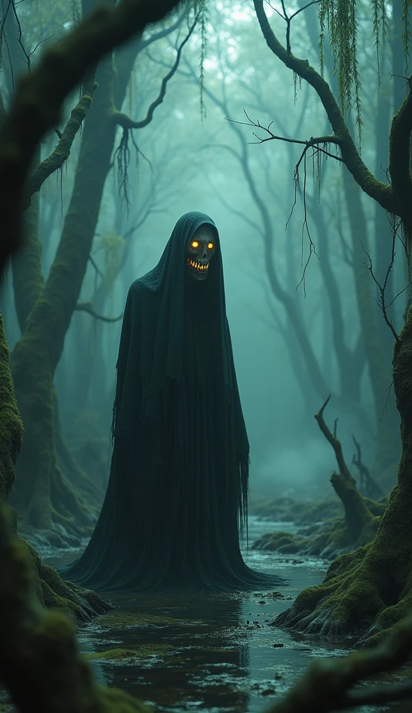 A black shadow ghost-like figure with sharp metal teeth and glowing yellow eyes wearing a black cloak in a foggy night forest, nightmare