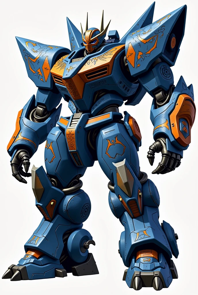 Make an armored combat robot that is strong and large enough with tagling weapons all around its body and a more square look but that is blue with traces of orange tiger-like form.