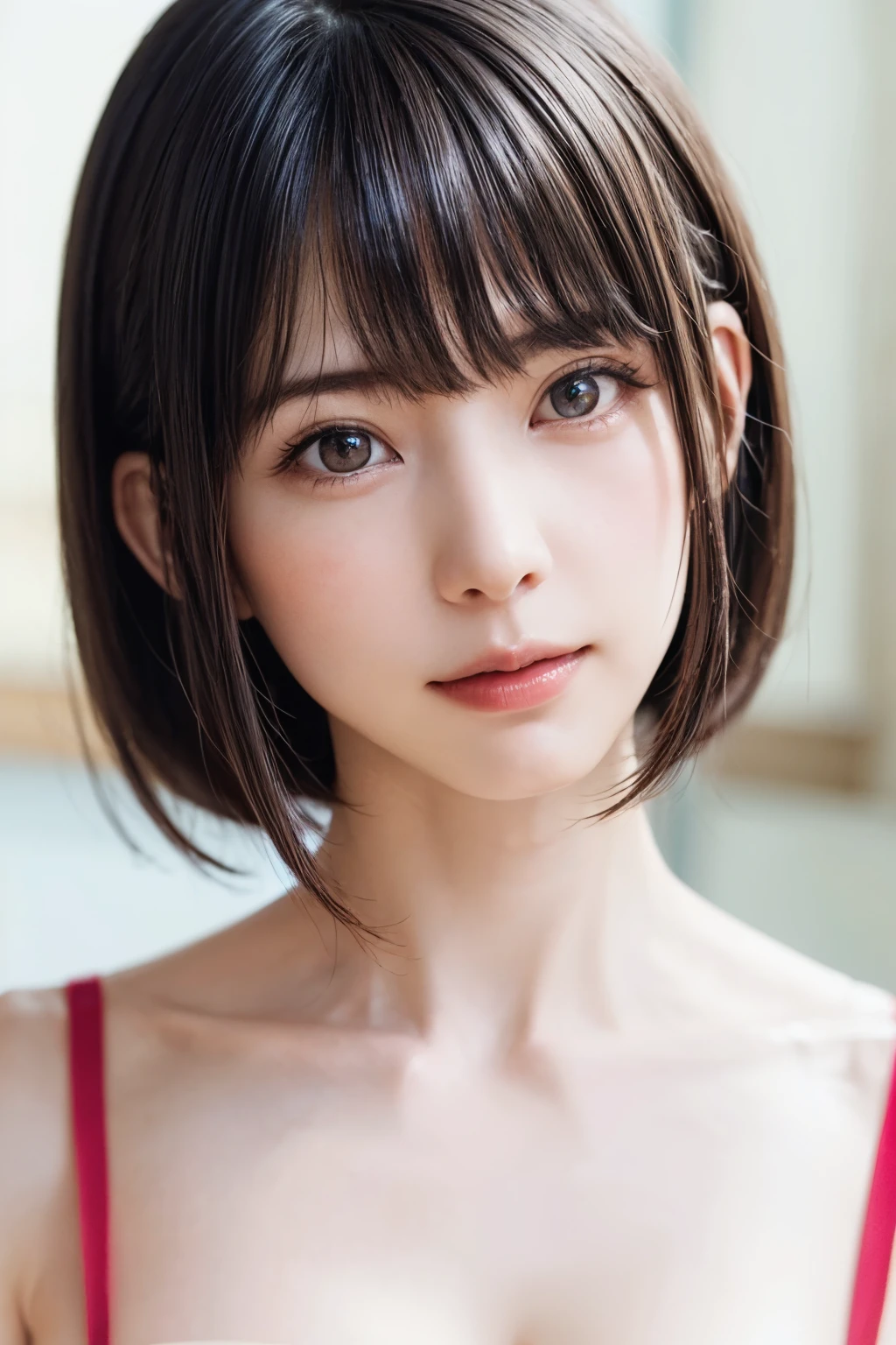 ((masterpiece, Highest quality, High resolution、Realisticですべてが美しく詳細に描かれている)), 1 person, (Realistic: 1.4), alone, White Background, snow-White Background, Mouth closed, smile, smile, Beautiful black hair, short hair, Big eyes, Transparent double eyelids, eyelash, Listen carefully, Long neck, 美しくLong neck, Absolute area, ((Face close-up)), (Draw the whole head, shoulder), 19 years old, Attractive proportions, Glowing Skin, Beautiful clavicle, Golden ratio face, Perfect Face, Teardrop-shaped mole, chestのほくろ, bangs, clean bangs, beautiful bangs, Lip gloss, Thin lips, Fair skin, naked, Big Breasts, {Huge|big|Hugeな|Mega} chest:2, chestの谷間:2,chestの谷間を見せる、Small face, Small face, All the heads are painted, shoulder all drawn, Point slightly above the camera
