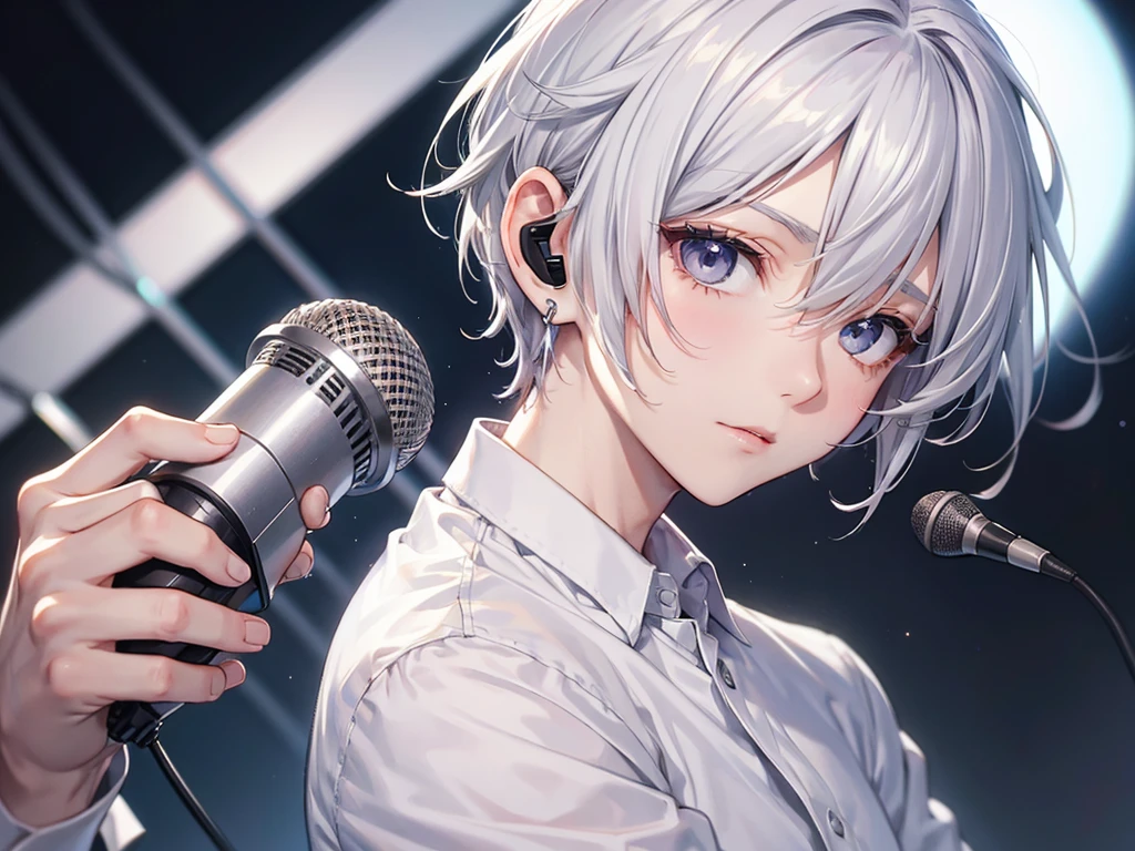 Silver Hair Short、Man with slanted eyes、microphone、White Shirt、headphone、Earrings