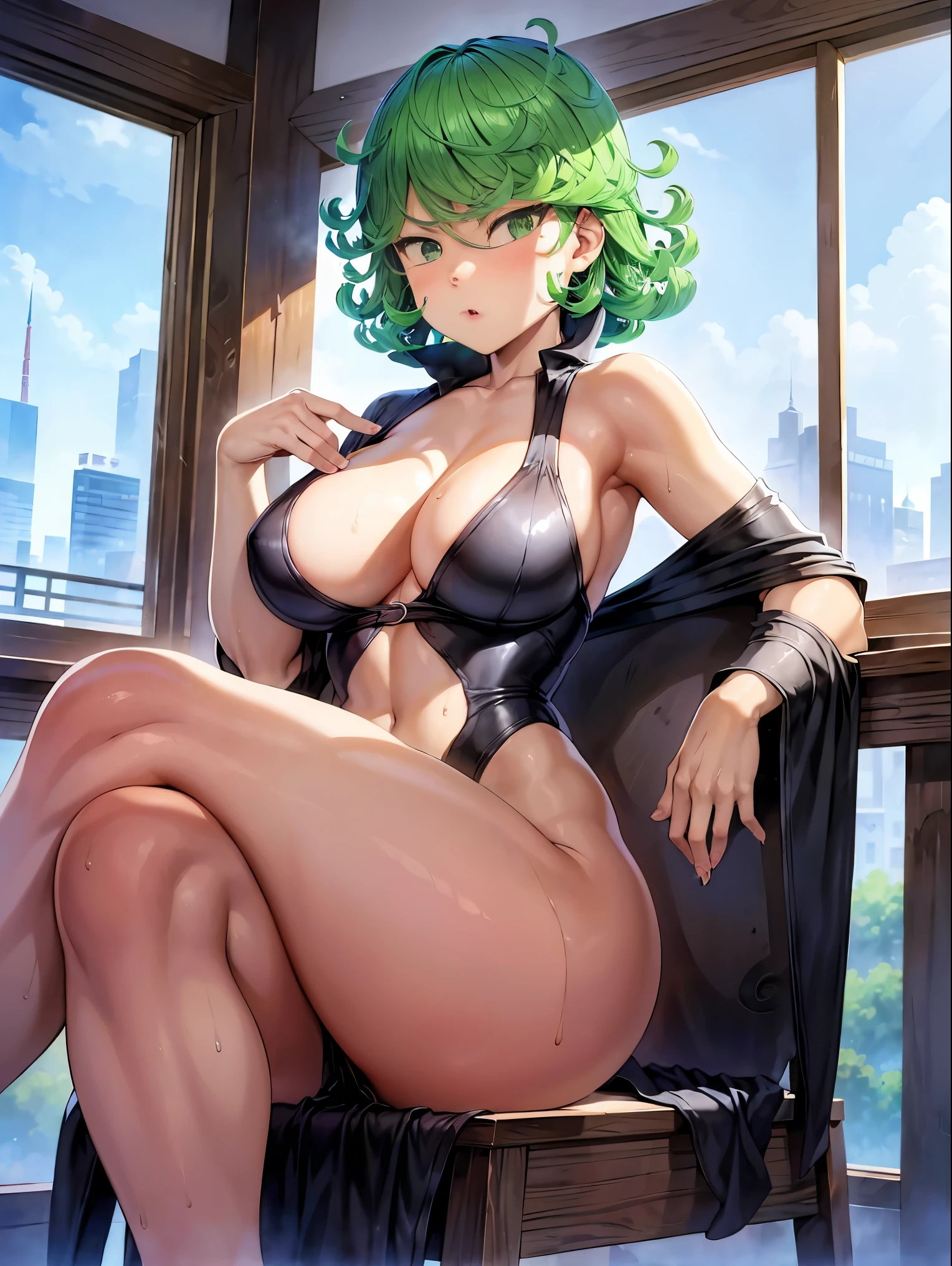 1 girl, short green hair, ((Black dress, sitting, crossed feet, feet focus, tsundere, hips, in armchair, Classroom, Bottom view)), curvaceous figure, overlooking the city, blush, afternoon break, 12 years, 1 girl,
(((masterpiece))), ((highly detailed character)), ((Perfect eyes)), ((Perfect face)), ((best quality)), ((perfect hands)), high resolution, Highly detailed image, thick hips, Erotica, sweat, wet skin, Beautiful background, Volumetric lighting, Атлетические hips, Erotica, navel, smooth tummy,