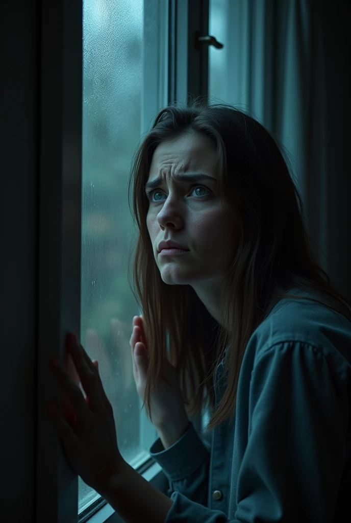 scared woman looking out the window