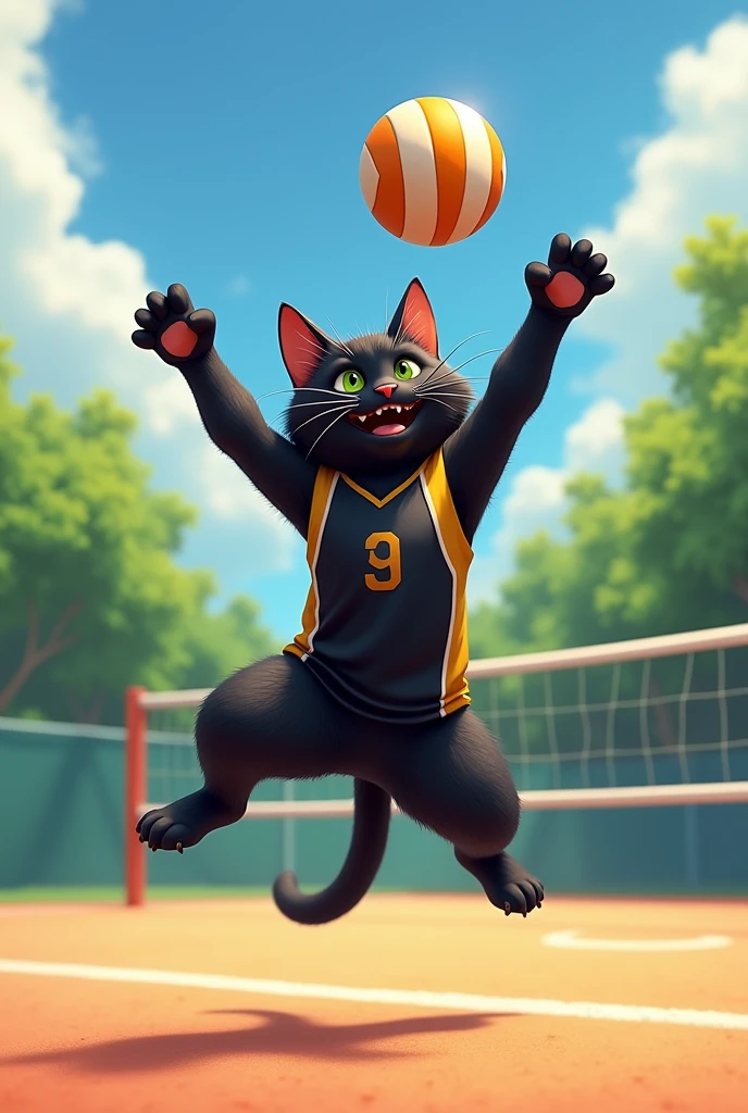 A black cat playing volleyball, jumping with a black and gold shirt.