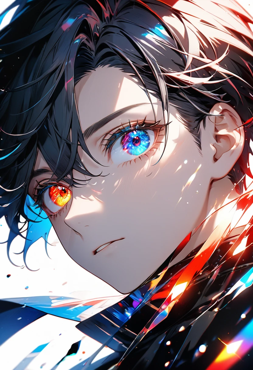 8k, Highest quality,High Contrast,One Boy,perfect face,eye (heterochromia with red and blue,big eyes,eyelashes,glowing eyes),A background with beautiful, shimmering details,Colorful light scattering and reflecting on a transparent background,