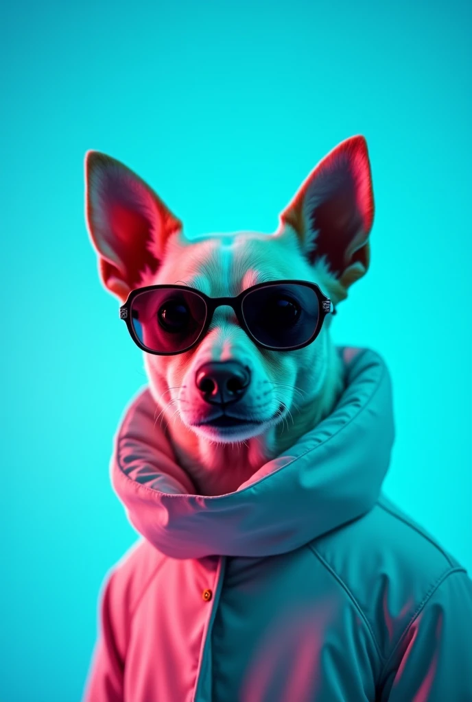 The best cell phone wallpaper, Award-Winning Wallpaper, portrait photography, In the front view is a portrait of a cute dog wearing mid-1960s space age fashion, Side view photo, Shot with Canon EOS R5, Set a strong contrast that accentuates the subject, Fluorescent blue tone, Wearing a very modern coat and sunglasses is a modern 1960s style, Clothes all in one color, beautiful background