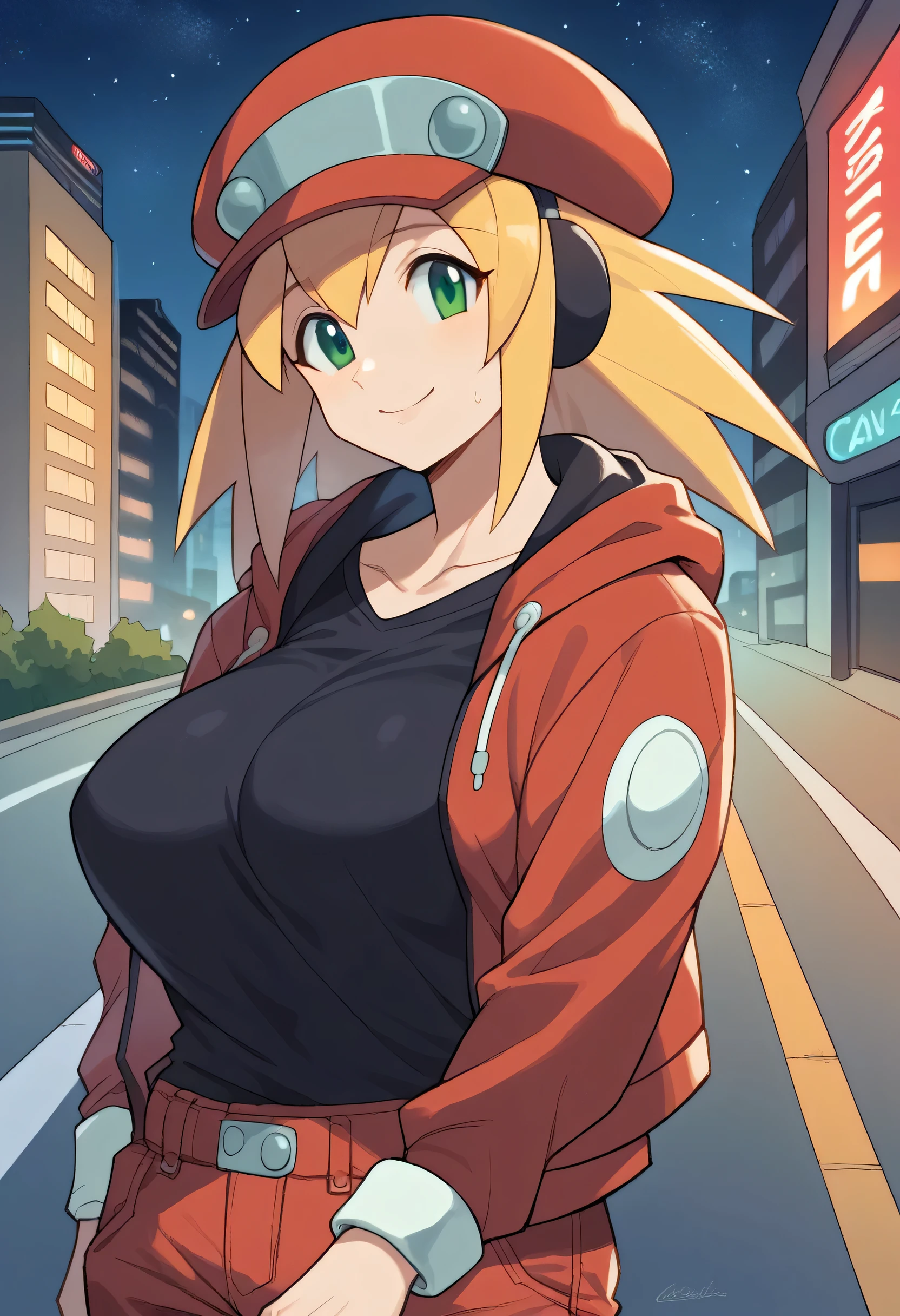 headphones, city, building, skyscraper, cityscape, earmuffs, night, 1girls, female focus, star \(sky\), solo, shoes, street, city lights, outdoors, sky, hoodie, shorts, starry sky, night sky, sneakers, skyline, hood, road, tower,Looking at the viewer,large breast,breasts, 1girl, breast, solo, smile, sweat, collarbone, upper body, large breasts, close-up,Roll Caskett (Mega man)
roll caskett (mega man), hair between eyes, bangs, long hair, spiked hair, blonde hair, green eyes, red cabbie hat