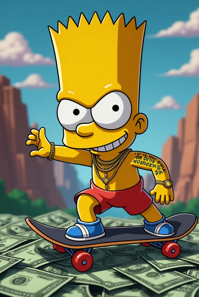 I need Bart ( dos Simpsons ) skateboarding over piles of money. Bart needs to be wearing a gold chain and a gold watch too, and he needs to be wearing a tank top with his tattooed arm ( I'll get rich or die trying ) I need that tattoo to be prominent in the image. It's also necessary that Bart is smiling