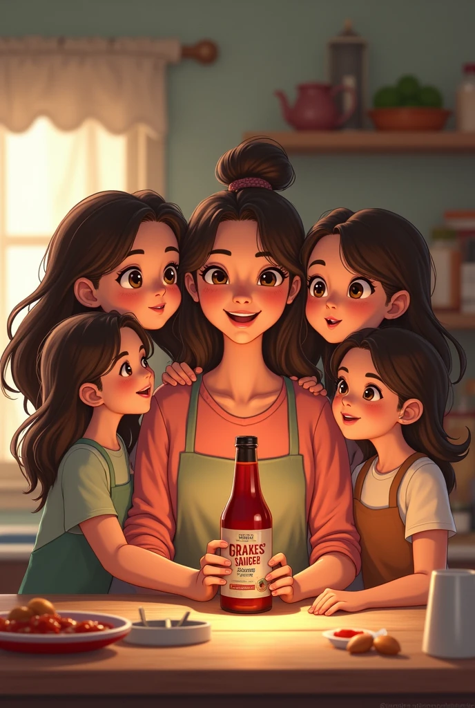 three daughters with their mother, Promoting a bottled sauce