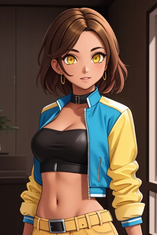 1girl, solo, 26 years old, short hair, brown hair, (yellow eyes:1.5), tan-bronze skin, tan-skinned female, athletic figure, medium breasts BREAK wearing 2000's fashion: opened blue jacket, black strapless top, (midriff), belt, shiny black leather pants BREAK looking at viewer, BREAK indoors, BREAK (masterpiece:1.2), best quality, high resolution, unity 8k wallpaper, (illustration:0.8), (beautiful detailed eyes:1.6), extremely detailed face, perfect lighting, extremely detailed CG, (perfect hands, perfect anatomy),
