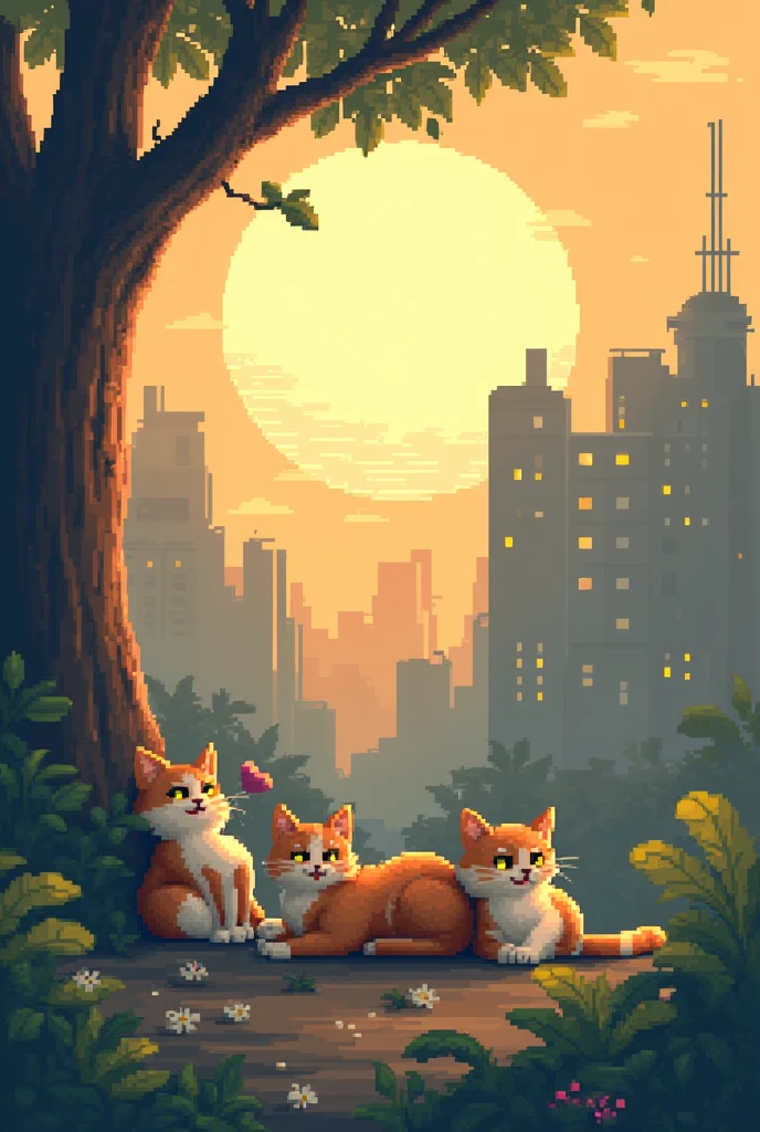 Pixel art landscape of an abandoned city with a tree and three cats in the morning with a big sun