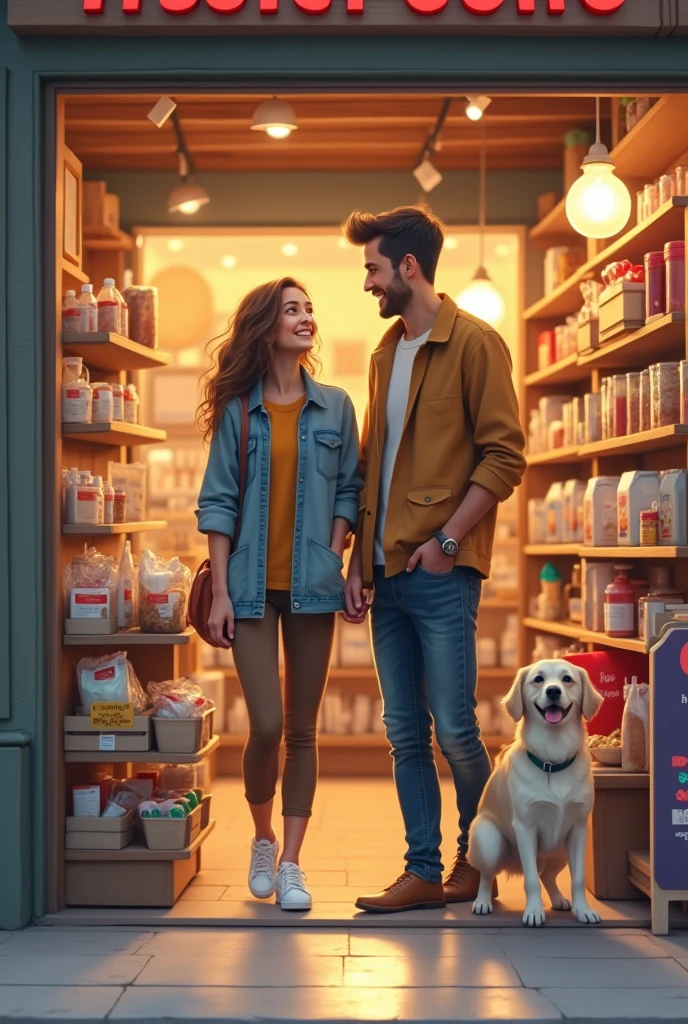 There is a pet supply store with tips for couples, but that it shows both inside and out and a couple with a dog 