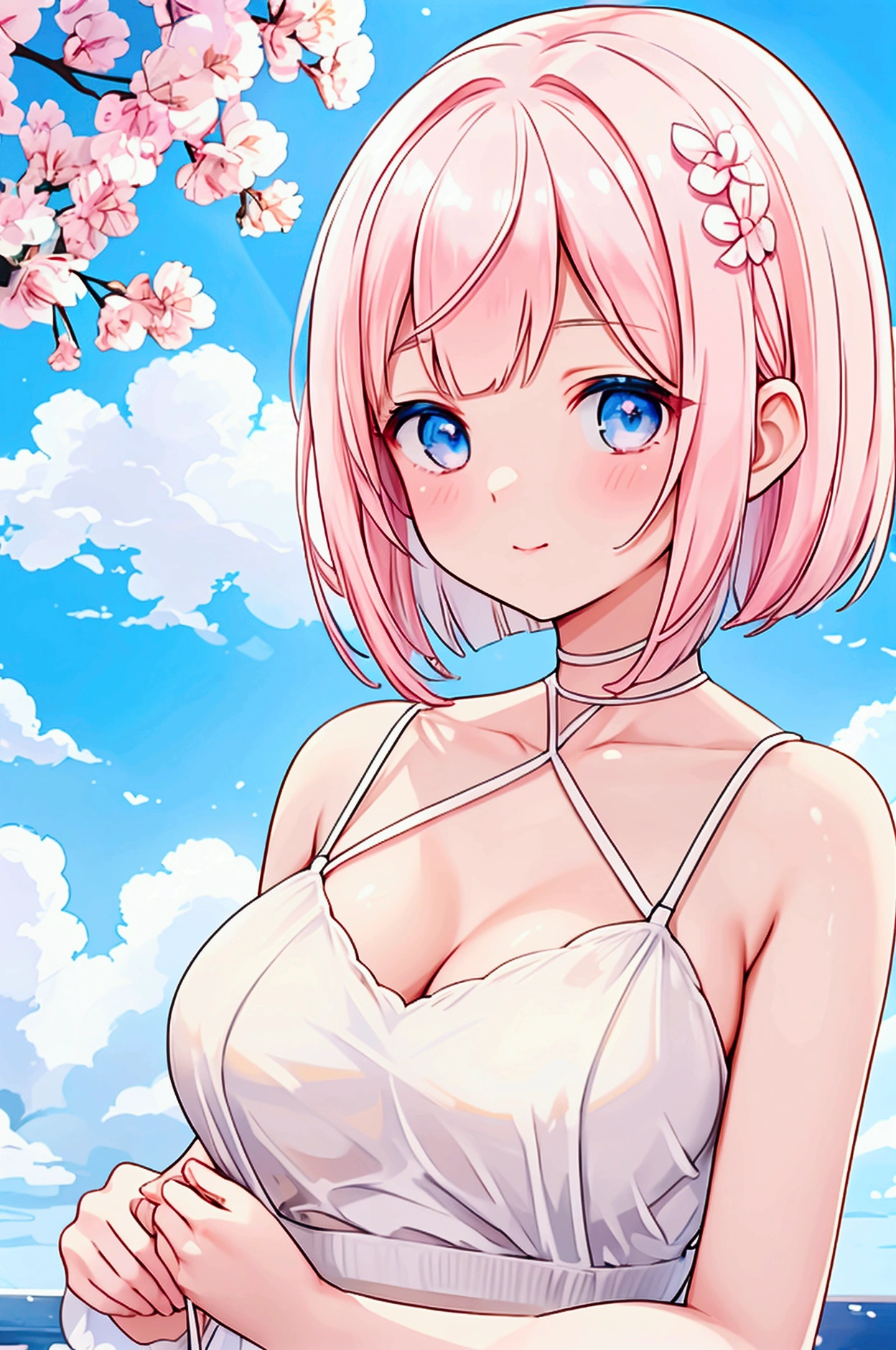 Photorealistic、Highest quality、Highest Resolution、Highest quality、16Ｋ、One beautiful woman、Cute face、Delicate face、Bob cut hair、A bright, pale white-pink hair color、Pale blue eyes、Delicate eyes、Beautiful breasts、Big Breasts、Cool clothes、Casual clothing、Blue sky、Sexy pose、 
