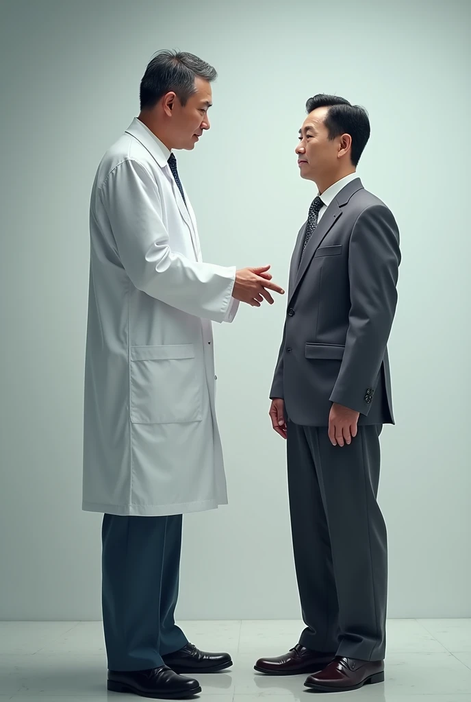 A 40 years old chinese physician who wear white duty coat over the traditional suit and is examining a man patient.