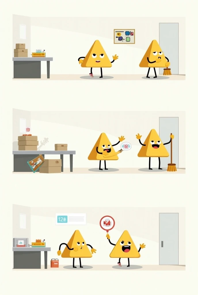 Seiri (Sense of Use): have him separate something
Seiton (Sense of Organization): have him organize something
Seiso (Sense of Cleanliness): have him cleaning with a broom
Seiketsu (Sense of Standardization): have him standardize something
Shitsuke (Sense of Discipline): Do ee with discipline , make a triangular mascot 