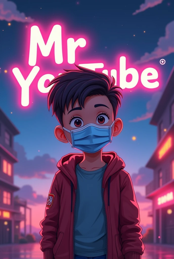 Create a a digital illustration in logo image featuring a boy wearing a face mask, standing in front of a glowing background. In the background, prominently display the text "Mr YouTube" in a bold, glowing font. The overall design should be eye-catching and visually striking, with the glowing text adding a dynamic and engaging effect