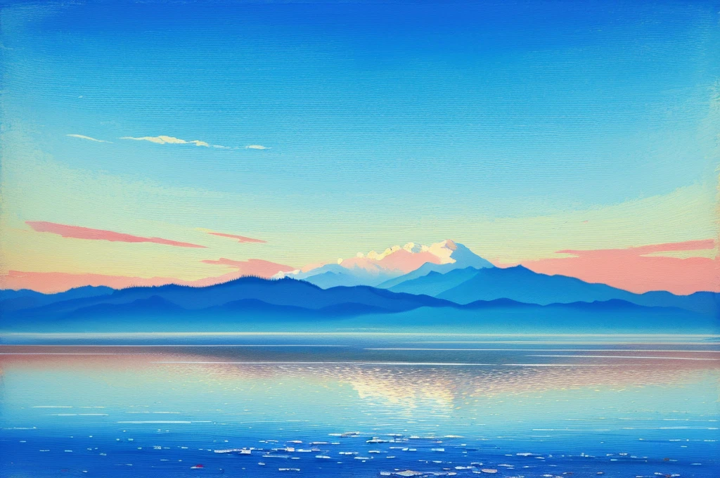 Painting with paints and palette knife。Impressionism。The blue sky and clouds on the horizon。Clear skies。masterpiece。Painting with depth。Delicate touch。Daytime hours。