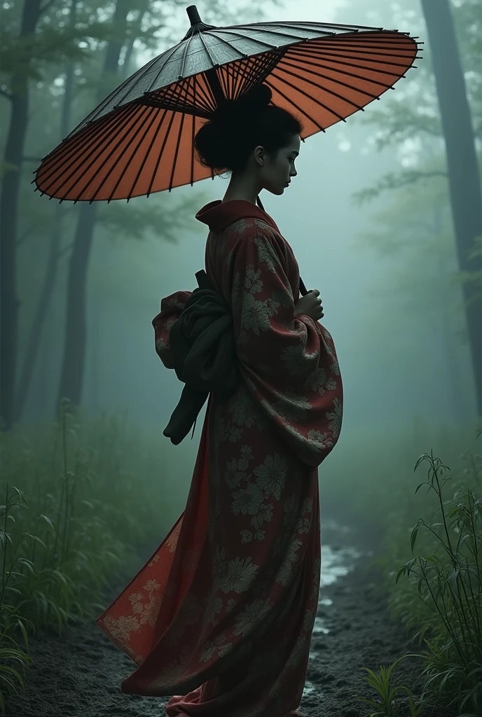 kimono girl holding a big umbrella,There's a lot of black shadows behind him,fog,Wind,night,High Noon,bamboo,Grass in the ground,Mud on the ground,Film Grain,,traditional japanese art,Oriental,ax,Ghosts of Tsushima,Handmade,Art Nouveau,detailed, sexy, nsfw detailed beauty face, Full Body Shot,up style hair