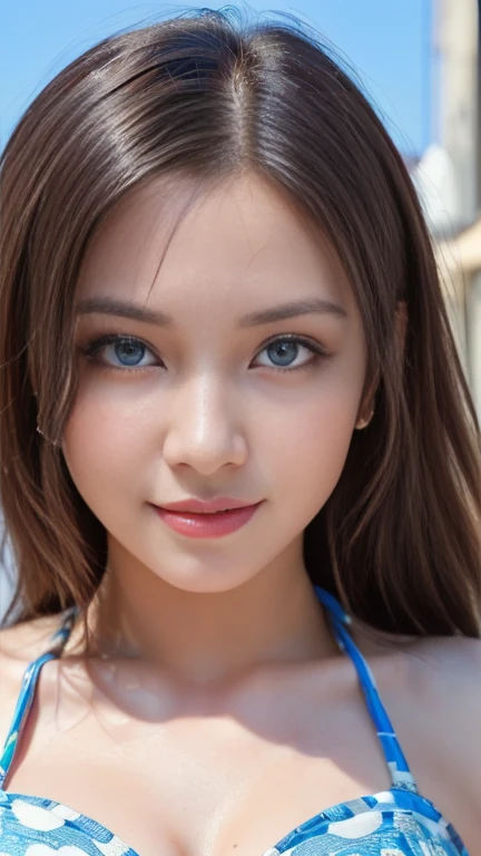 (masterpiece:2), (Highest quality:2), (Super detailed:2), (Beautiful face and eyes in every detail:2), Beach Background, (Learning to Move Forward:1.4), (look up:1.4), From above, One person, smile, Brown long hair, (Skirt Style Bikini:1.3),whole body、