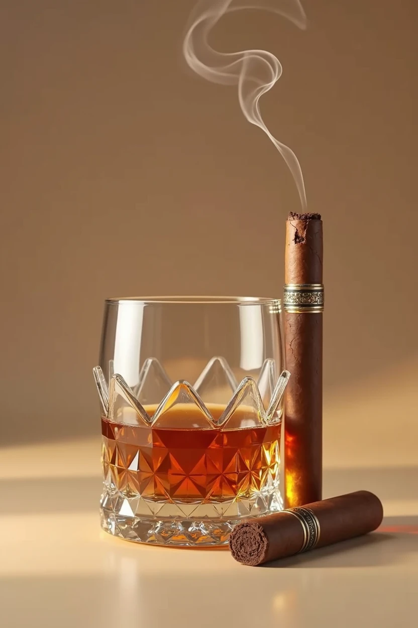 Shows a short glass of whiskey with crystal details, on a beige background and a cigar outside in the air with smoke
