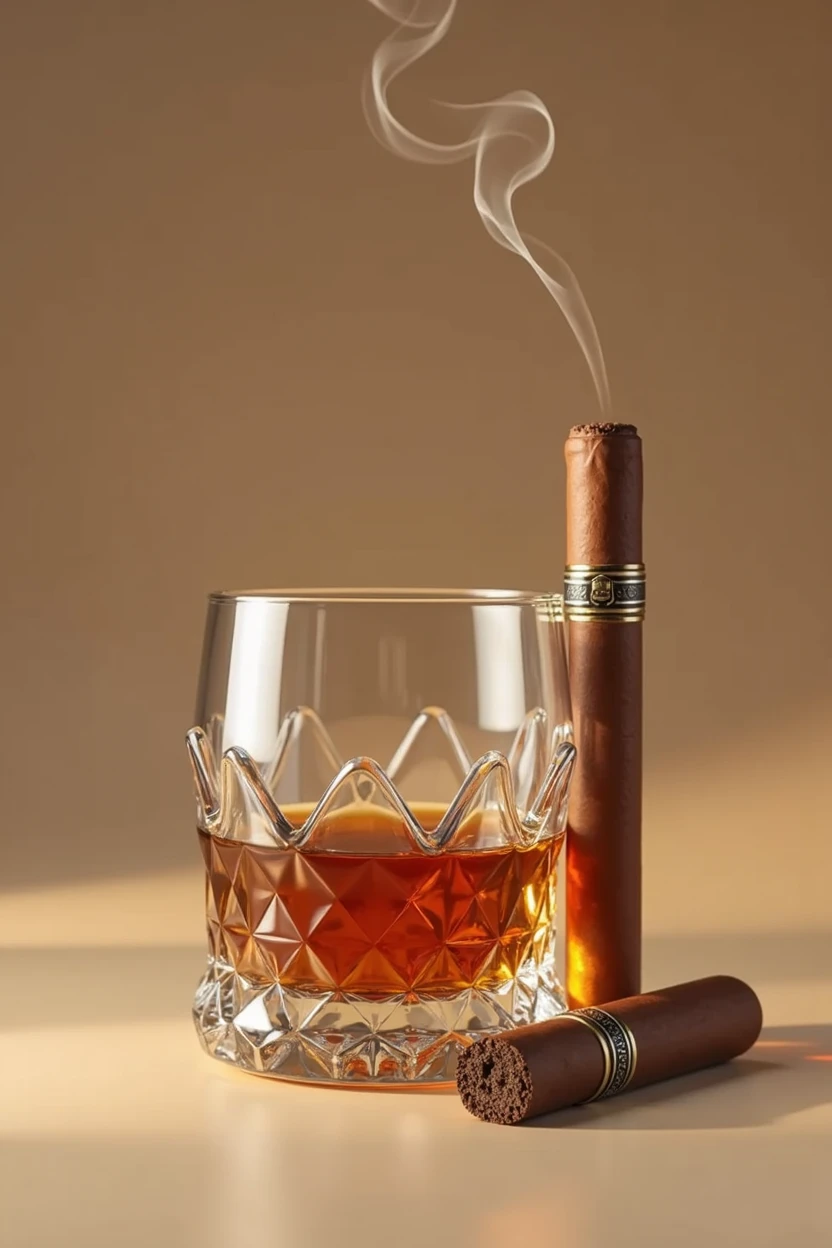 Shows a short glass of whiskey with crystal details, on a beige background and a cigar outside in the air with smoke