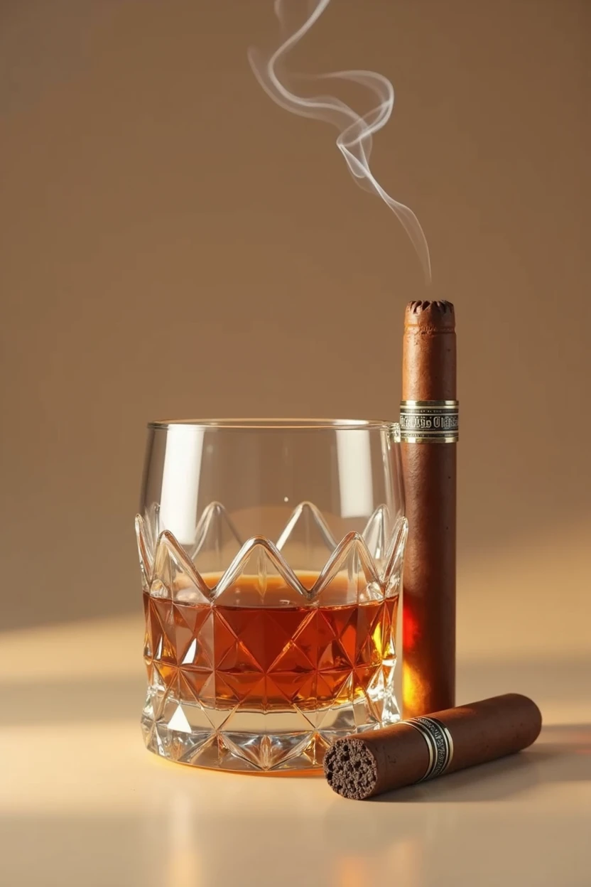 Shows a short glass of whiskey with crystal details, on a beige background and a cigar outside in the air with smoke
