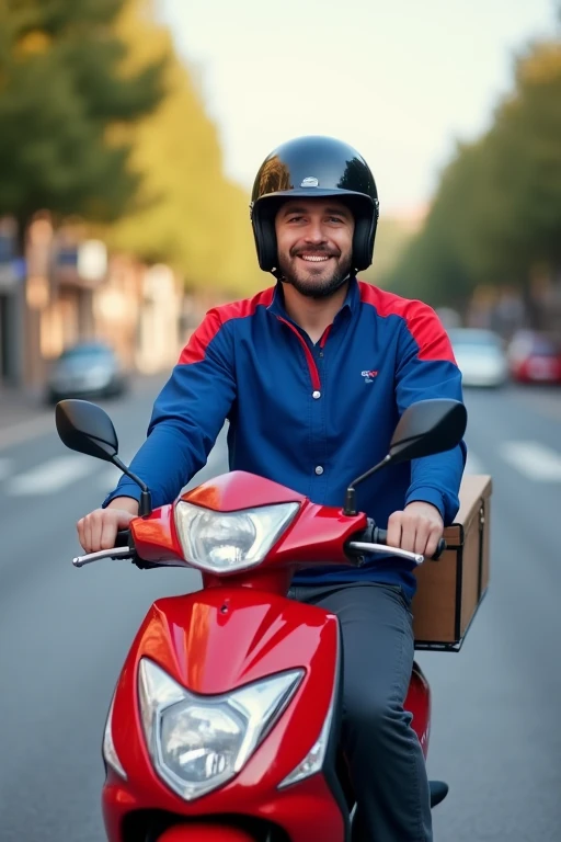 Young man in a blue and red uniform ready for work, smiling while riding a red motorcycle with a black helmet.
In the middle of the avenue with a delivery box on the back of the motorcycle.