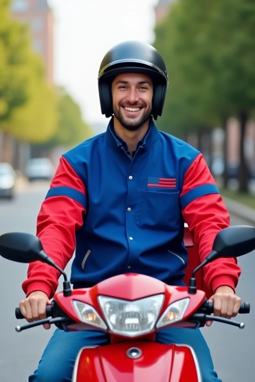 Young man in a blue and red uniform ready for work, smiling while riding a red motorcycle with a black helmet.
In the middle of the avenue with a delivery box on the back of the motorcycle.