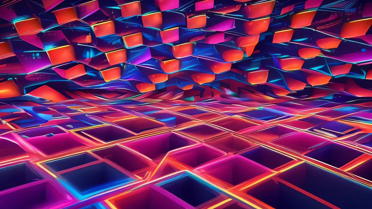 a colorful abstract background with many cubes and squares, abstract art representing data, colorful projections, abstract neon shapes, lsd images, Surreal psychedelic design, Colorful detailed projections, psychedelic background, colorful projections, psychedelic background, psychedelic architecture, neon geometry, intricate neon circuit pattern, mesmerizing fractal hypercubes, psychedelic interconnections, futuristic shading, but colorful, colorful dystopian futurism