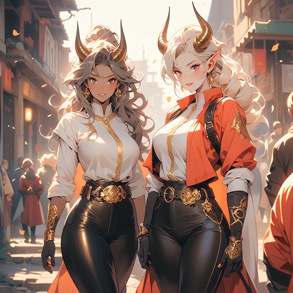 ((best quality)), ((masterpiece)), (detailed), 1 women dark knight armor, 8k_wallpaper, extremely detailed eyes, (large masterpiece digital art), (intricate details:1.3 ), (ultra-detailed:1.3), (sharp focus:1.3), (natural lighting:1.05), (vivid colors:1.3), (best quality:1.4), expressive eyes, full body, detailed face, beautiful face, perfect face, ((hair sandy white curls)), ((gold horns)), (gold eyes), {{dark skin}}, ({dark skinned female}), big breasts, huge chest, mid-range pelvis and big ass, an arrogant cruel look and a predatory smile with a large number of fangs, an open red coat with rolled up sleeves, an open coat with rolled up sleeves, steel heavy knight armor, a wide orange belt lowered lower with large gold yarn, leather pants with steel thigh guards, leather gloves, steel gold bracers and shoulder pads, dark silver chain mail oversleeves, a medieval marching backpack, walking along the path against the backdrop of the elven ruins of the city and colorful blooming flowers,