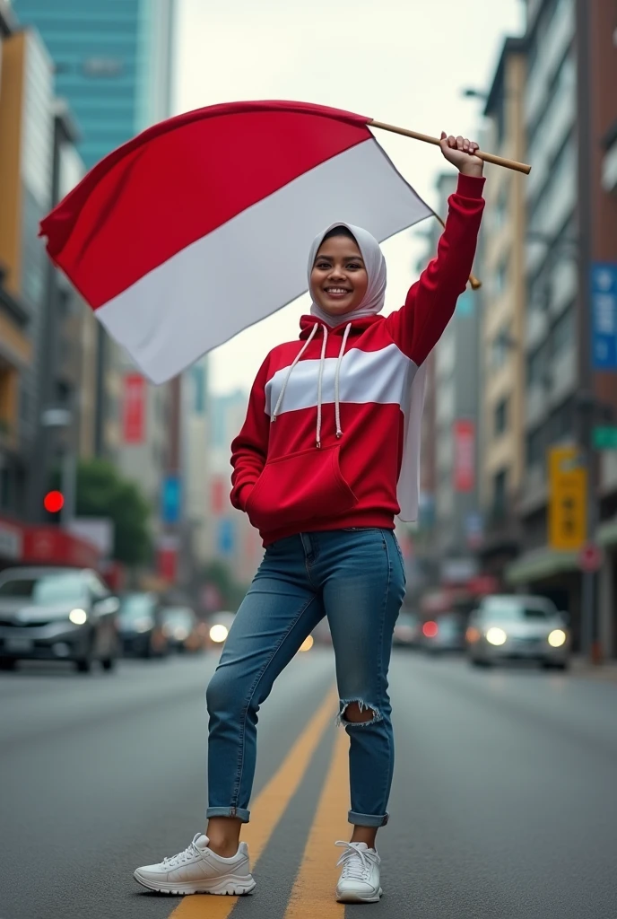 very high quality photo, independence scene, a woman wearing a hijab from Indonesia, wearing a red and white hoodie and sneakers, carrying a flag posing on the side of a city street, full body, realistic and cool visual effects, looks real and perfect, UHD 64K, very sweet