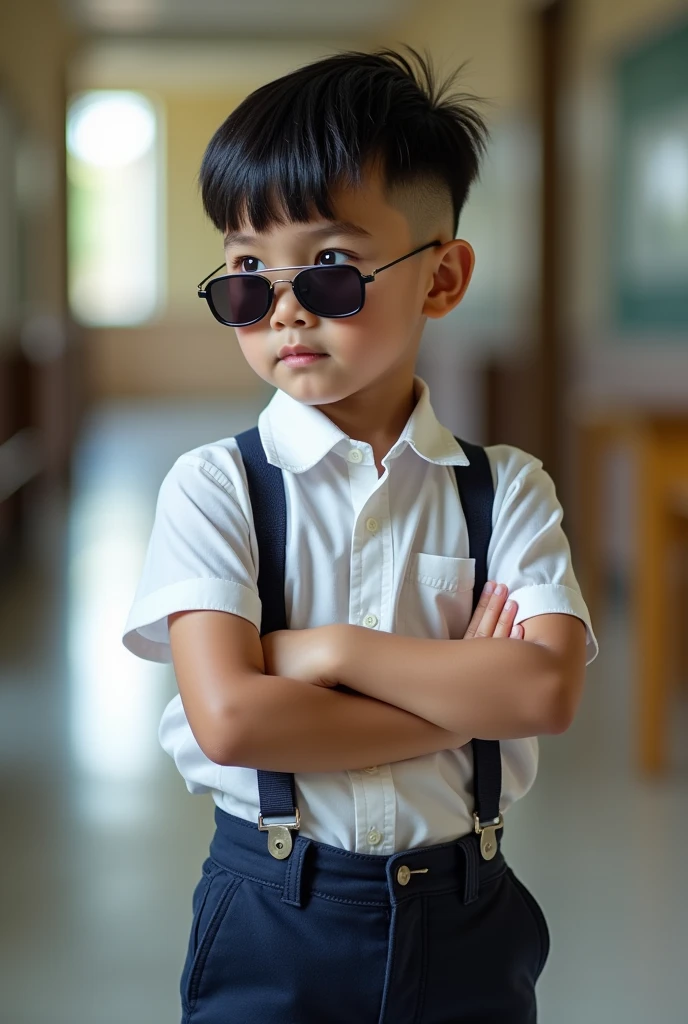 General image of a 5 year old boy dressed in dress pants, a sport shirt sunglasses a hairstyle to the side, short black hair, and shaved in a gradient, crossed hands, will answer with a slightly chubby body, looking to the side and being inside a school