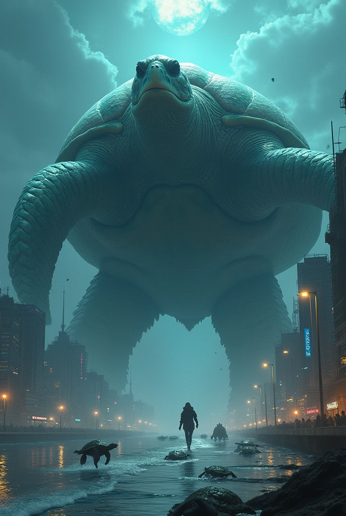 Create a photo of a turtle eating in the deep sea with its turtle friends. The turtle travels to the beach and its friends abandon it, and the turtle becomes super giant and conquers the city.