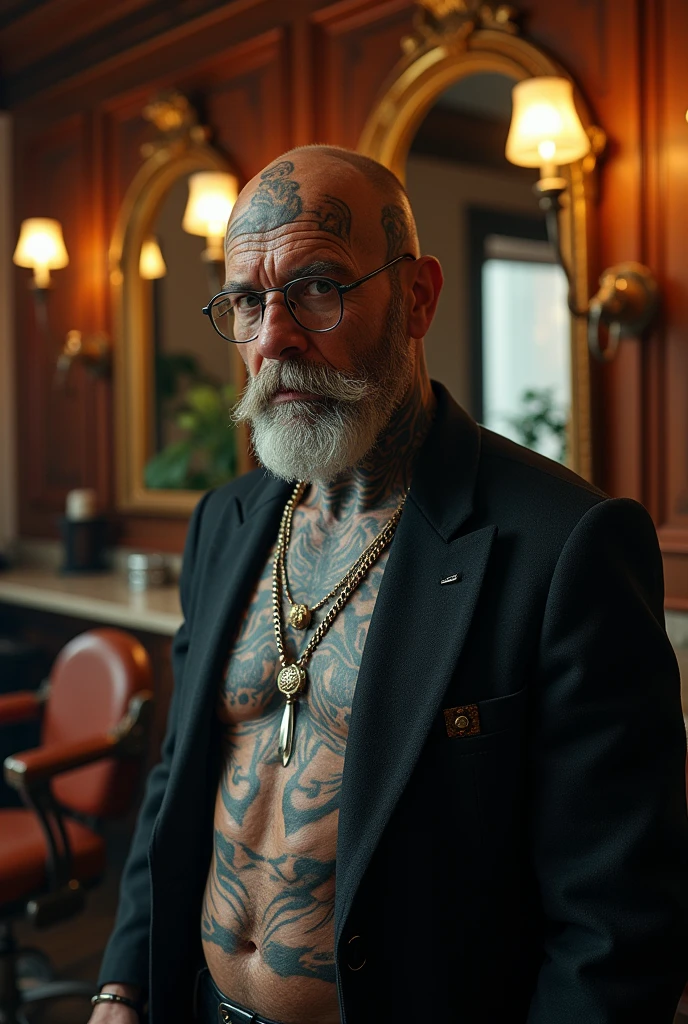 Ultrarealistic, 1792x1024:
a heavily tattooed and pierced barber in an empty luxury barber shop room, Very charismatic, externally interesting, 160 cm height, 89 years old, phenomenally thick Swede
Style
modern and atmospheric, with an emphasis on detail. The main focus is on the expressiveness of the character and the luxurious setting of the barber shop.
**angle:**
angle выбран так, to show the barber in a close-up from the waist up. This allows you to focus on his charismatic image, tattoos and piercings. The barber occupies the central place in the frame, leaning slightly towards the camera, which creates an effect of intimacy and engagement of the viewer. The background creates a random mood, conveys a sense of luxury and sophistication. This could be a view of a wall, decorated with exquisite panels made of expensive wood, with luxurious mirrors in carved frames, creating an infinity effect. or a deep perspective on a hall, where you can see chairs with upholstery made of genuine leather, carefully placed near shelves with unique accessories or bottles of elite drinks. or it's part of a stylish waiting area with soft sofas and a coffee table, on which lie magazines about fashion and style.
In some versions, the camera shows a long corridor, leading deep into the room, along which luxurious lamps and paintings are placed, which adds a special depth and mystery to the space. Either it could be a window, through which natural light flows, illuminating interior elements, executed with great attention to detail.
**Color palette:**
Color palette выдержана в теплых, in rich colors. Dark and rich colors predominate: deep brown and black interior hues, golden yellow and soft warm light accents, illuminating tattoos and details of the room. The barber's skin tone is natural, but somewhat enhanced for contrast with his dark tattoos and clothing. tattoos, In turn,, stand out in bright colors