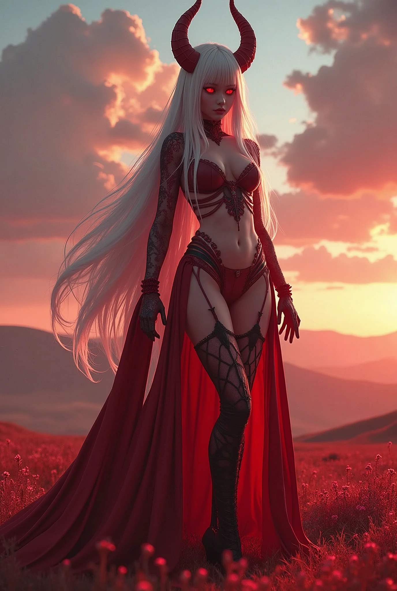 demon girl, long white hair, straight bangs, blood red eyes, circular horns, slightly upturned face, upturned nose, contemptuous look, small cornered mouth, small breasts, small round breasts, thick thigh, platform heels, full body, (((her clothes are something incredibly extravagant and at the same time unflashy))), {extremely detailed 16k CG unit wallpaper}, expansive landscape photography, (a bottom-up view focusing on the character and the scenery), (wide open field view), (low angle shot), (high light: 1.2), (low light: 1.2), (warm light source: 1.5), intricate details, (iridescent colors: 1.5), (bright lighting), (atmospheric lighting), dreamy