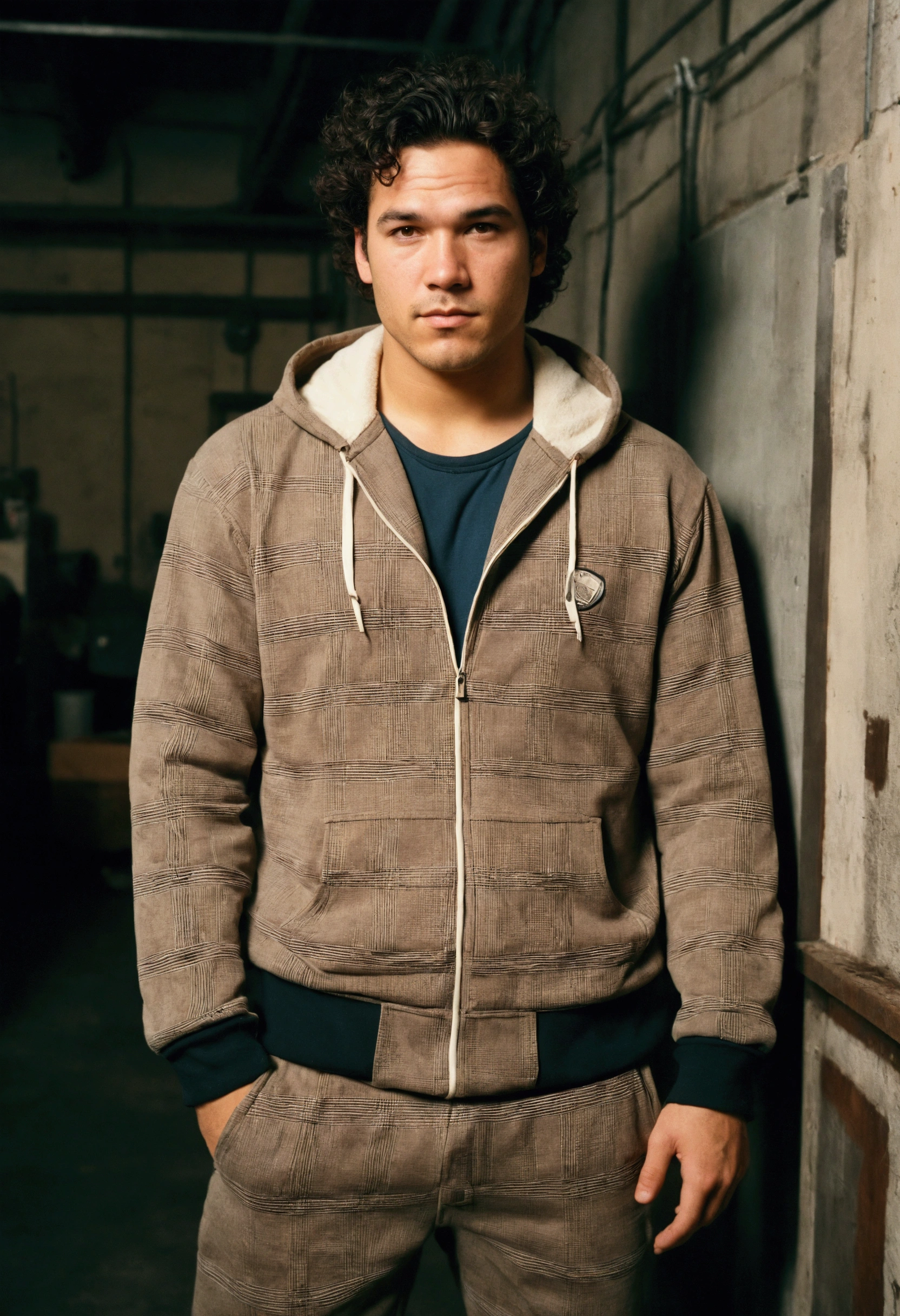 analog film photo, photo of a punk, 25 years old, male, brown eyes, short dark curls, tan complexion, soft facial features, medium height, broad shoulders, stocky physique, slightly chubby, lots of body hair, wearing a slim plaid tracksuit, posing in an industrial loft, resembles Dean Cain, RAW Photograph, dslr, soft lighting, high quality, film grain, Fujifilm XT3, detailed skin with visible pores, insane details, masterpiece, 8k, 35mm photograph, dslr, kodachrome, faded film, desaturated, grainy, vintage, Lomography, stained, highly detailed, found footage, full-body shot