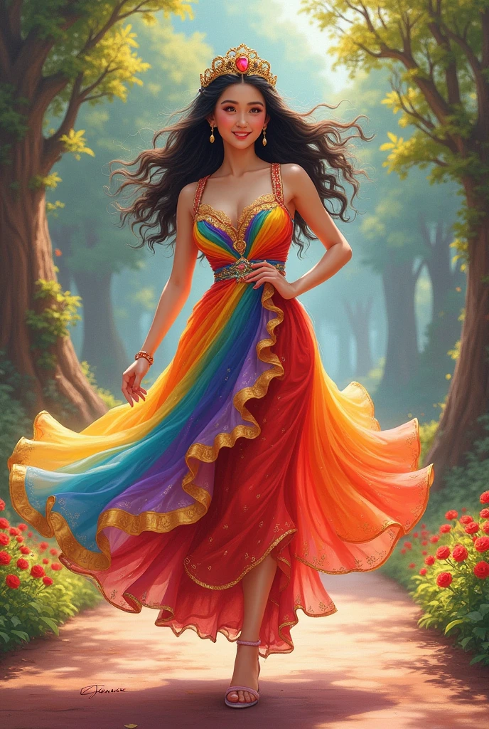 Beautiful girl with wavy long hair, long Asia royal dress is painted rainbow colors, short hight, big smile, big boob, long running through on walkways to me, background is realistic colourfully