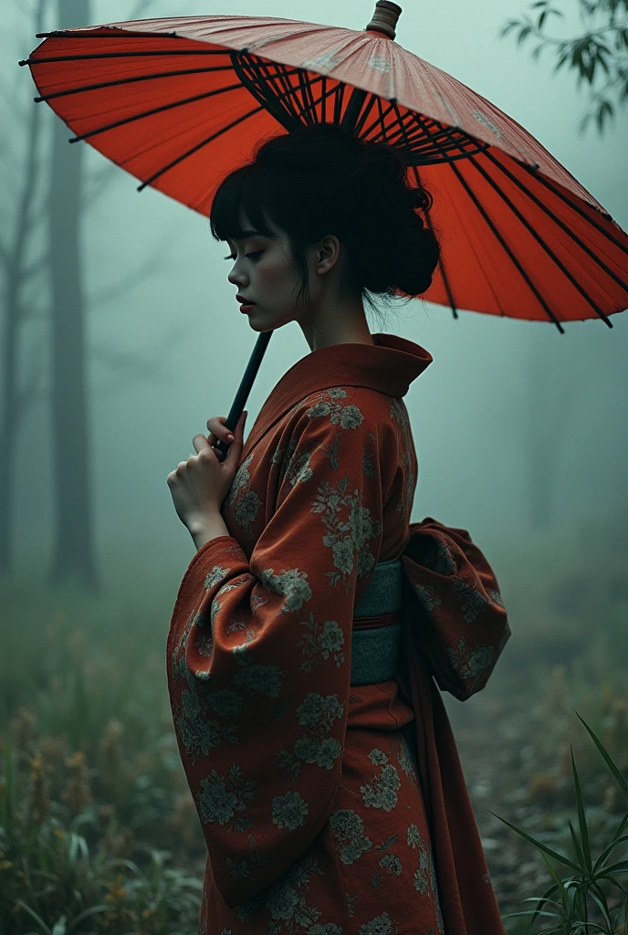 kimono girl holding a big umbrella,There's a lot of black shadows behind him,fog,Wind,night,High Noon,bamboo,Grass in the ground,Mud on the ground,Film Grain,,traditional japanese art,Oriental,ax,Ghosts of Tsushima,Handmade,Art Nouveau,detailed, sexy, nsfw detailed beauty face, Full Body Shot,up style hair