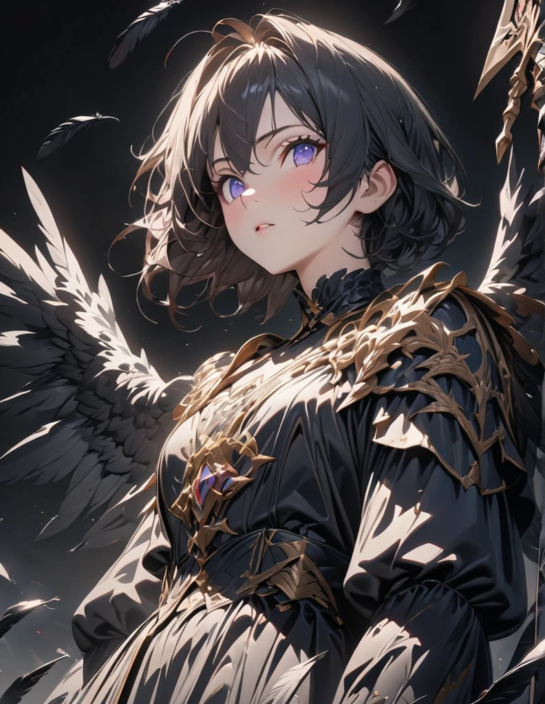 black angels、fallen Angel、Dark Angel、Fluttering in the wind、Holding a big spear、(((masterpiece)), (Highest quality), (Ultra-high resolution), (Highest quality), (Super detailed), depth、Anime-style character、SLR、Portraiture、Cowboy Shot、A world with a black background、Black wings、Black feathers flutter、shoot from below、Shaggy haircut