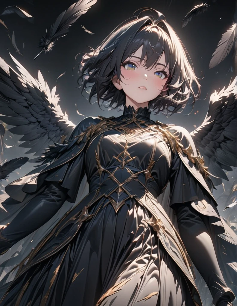 black angels、fallen Angel、Dark Angel、Fluttering in the wind、Holding a big spear、(((masterpiece)), (Highest quality), (Ultra-high resolution), (Highest quality), (Super detailed), depth、Anime-style character、SLR、Portraiture、Cowboy Shot、A world with a black background、Black wings、Black feathers flutter、shoot from below、Shaggy haircut