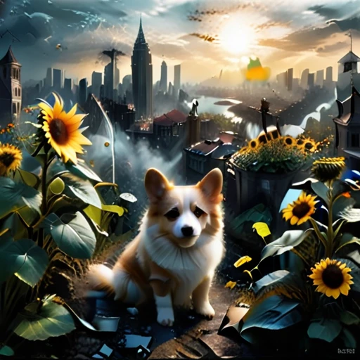 (masterpiece:1.4), (best quality:1.4), (high resolution:1.4), (masterpiece, best quality, high resolution:1.4), dark fantasy, Science fiction, Frank Miller comic style, After the end of the world，A destroyed city without humans,top view，1 sunflower  cute corgidog