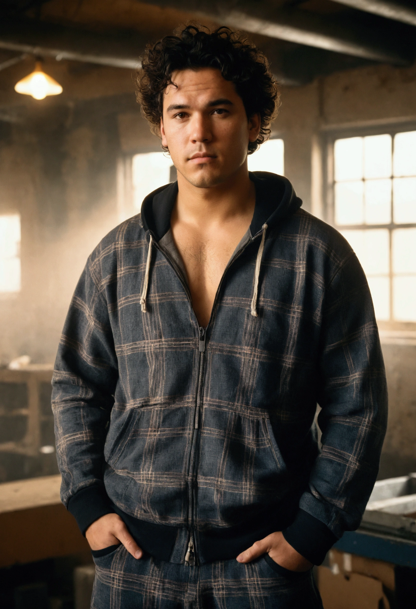 analog film photo, photo of a punk, 25 years old, male, brown eyes, short dark curls, tan complexion, soft facial features, medium height, broad shoulders, stocky physique, slightly chubby, lots of body hair, wearing a slim plaid tracksuit, posing in an industrial loft, resembles Dean Cain, RAW Photograph, dslr, soft lighting, high quality, film grain, Fujifilm XT3, detailed skin with visible pores, insane details, masterpiece, 8k, 35mm photograph, dslr, kodachrome, faded film, desaturated, grainy, vintage, Lomography, stained, highly detailed, found footage, full-body shot