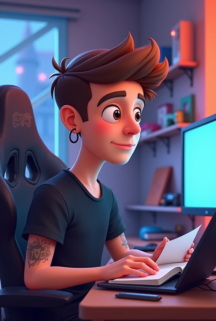 A young man of , with brown short hair, boxy face, and brown eyes, wearing black t-shirt. with tattoo left arm, 3d cartoon, with hoop earring, in a room using a notebook, gamer room.