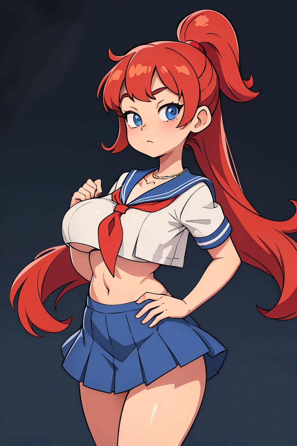 skirt raised, sample panties,  panties pink, White thigh-high socks, blue skirt